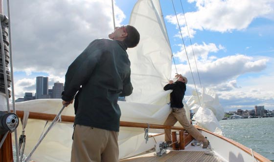 Classic Harbor Line Boston Mates sailing Schooner Adirondack III in Boston Harbor